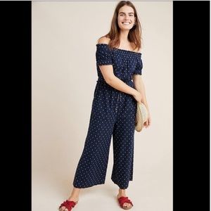 Anthropologie jumpsuit off shoulder navy blue